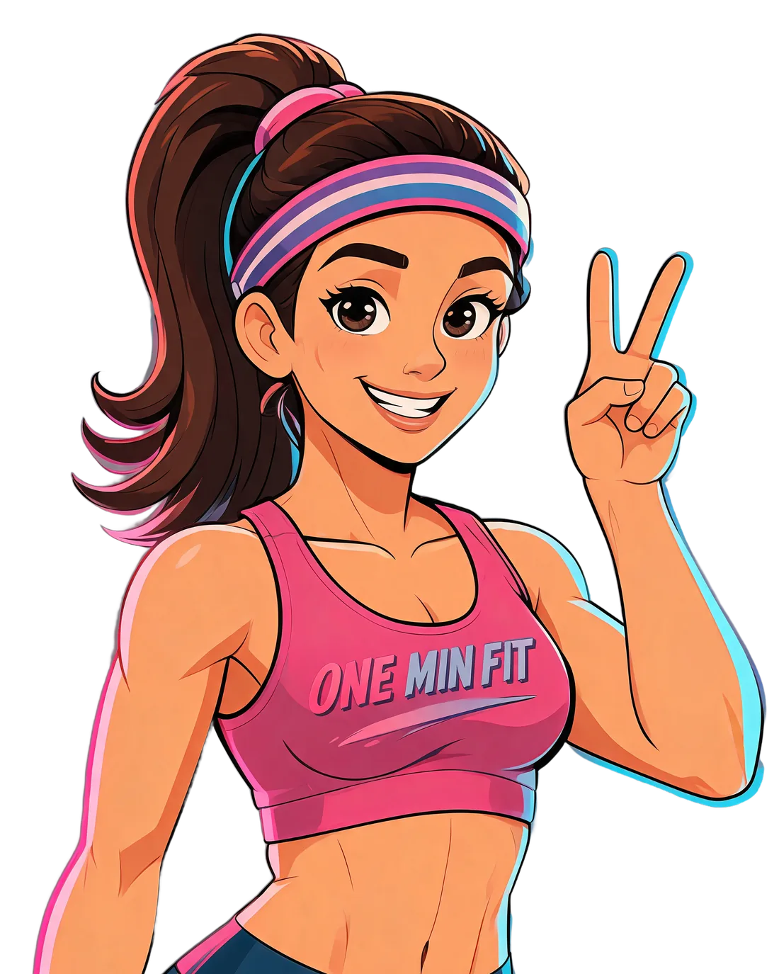 Pam, a OneMinFit coach, smiling and making a peace sign