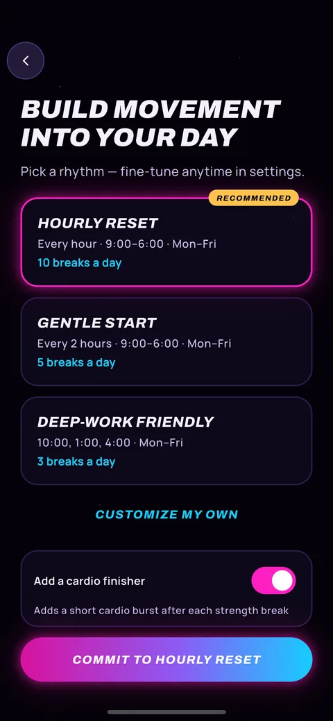 OneMinFit onboarding screen for picking a daily break rhythm, with Hourly reset recommended at 10 breaks a day