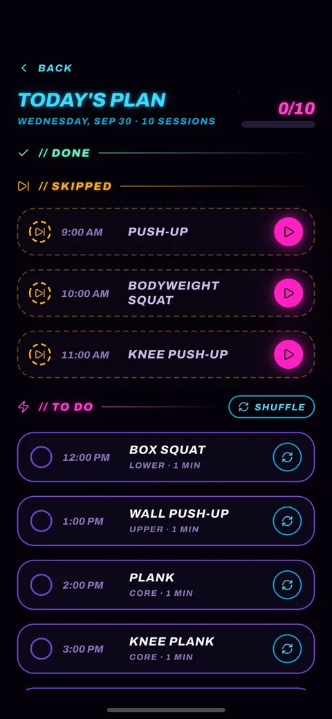 OneMinFit Today's Plan screen listing the day's ten scheduled movement breaks